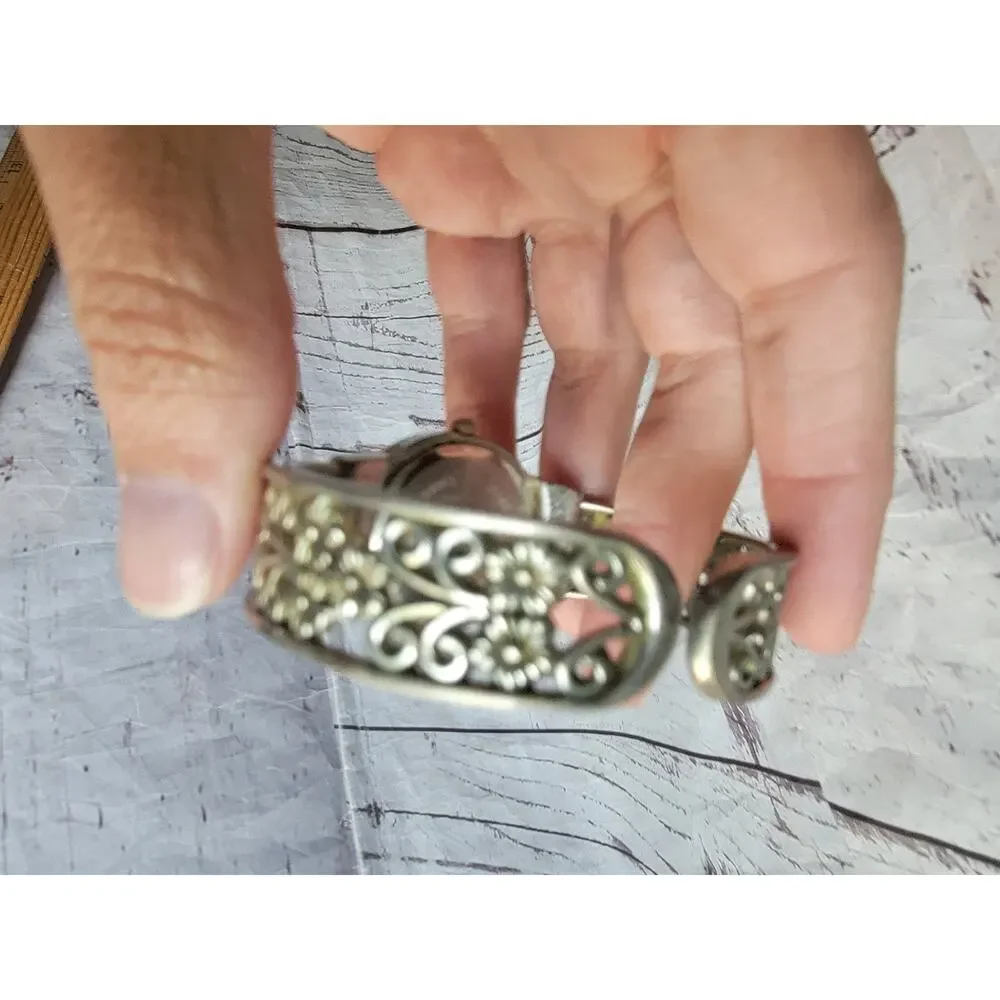 silver-tone Embassy by Gruen watch intricate filigree cuff band Untested READ